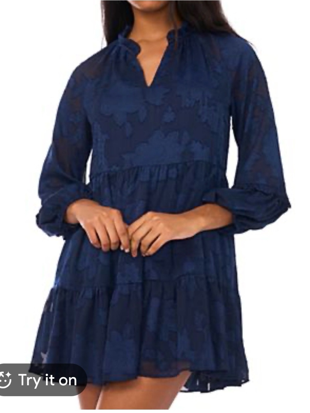 Halogen Navy Floral Tiered Notch-Neck Long Sleeve Dressβ